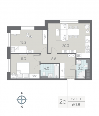 ЖК «ЛСР. Большая Охта», планировка 2-комнатной квартиры, 60.80 м²