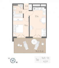 МЖК «Пулково Lake», планировка 1-комнатной квартиры, 42.90 м²