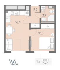МЖК «Пулково Lake», планировка 1-комнатной квартиры, 34.00 м²