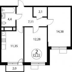 ЖК «Катуар», планировка 2-комнатной квартиры, 52.22 м²