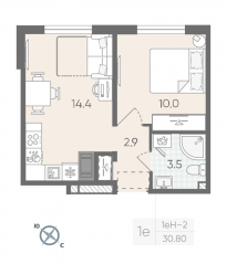 ЖК «Цветной город», планировка 1-комнатной квартиры, 30.80 м²
