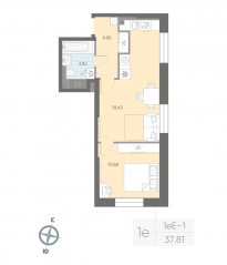 ЖК «Цивилизация на Неве», планировка 1-комнатной квартиры, 37.81 м²