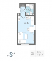 ЖК «Октябрьская набережная», планировка студии, 25.20 м²