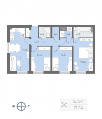 ЖК «Морская миля», планировка 3-комнатной квартиры, 72.55 м²