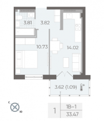 ЖК «Neva Residence», планировка 1-комнатной квартиры, 34.00 м²