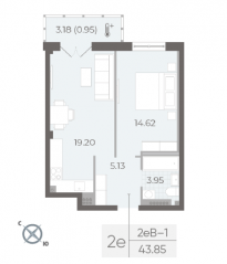ЖК «Neva Residence», планировка 1-комнатной квартиры, 44.00 м²
