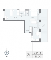 ЖК «Neva Residence», планировка 2-комнатной квартиры, 59.20 м²