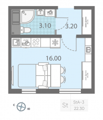 ЖК «ЛСР. Ржевский парк», планировка студии, 22.30 м²