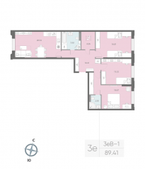 ЖК «Цивилизация на Неве», планировка 3-комнатной квартиры, 89.41 м²