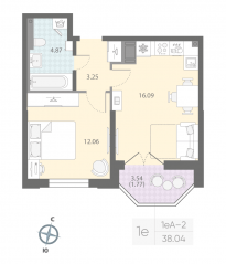 ЖК «Цивилизация на Неве», планировка 1-комнатной квартиры, 38.04 м²