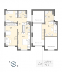 МЖК «Пулково Lake», планировка 2-комнатной квартиры, 74.20 м²