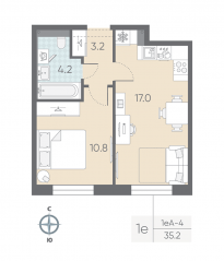 ЖК «ЛСР. Большая Охта», планировка 1-комнатной квартиры, 35.20 м²