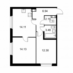 ЖК «Квартал Заречье», планировка 2-комнатной квартиры, 53.15 м²
