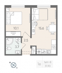ЖК «Цветной город», планировка 1-комнатной квартиры, 31.90 м²