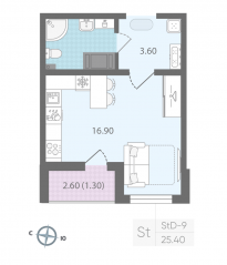 ЖК «Цветной город», планировка студии, 25.40 м²