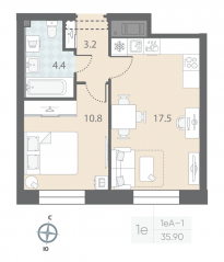 ЖК «ЛСР. Большая Охта», планировка 1-комнатной квартиры, 35.90 м²