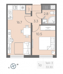 ЖК «Октябрьская набережная», планировка 1-комнатной квартиры, 33.30 м²