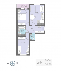 ЖК «ЛСР. Ржевский парк», планировка 2-комнатной квартиры, 54.70 м²