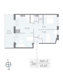 ЖК «Neva Residence», планировка 2-комнатной квартиры, 62.70 м²