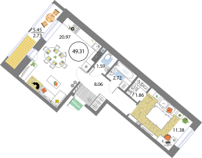 ЖК «Modum», планировка 1-комнатной квартиры, 49.31 м²