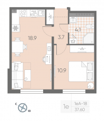 МЖК «Пулково Lake», планировка 1-комнатной квартиры, 37.60 м²