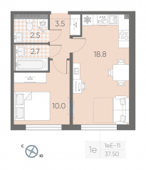 МЖК «Пулково Lake», планировка 1-комнатной квартиры, 37.50 м²