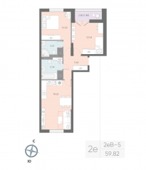 ЖК «Цивилизация на Неве», планировка 2-комнатной квартиры, 59.82 м²