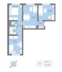 ЖК «Ручьи», планировка 3-комнатной квартиры, 58.90 м²