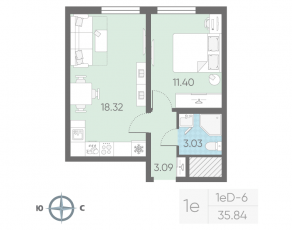 ЖК «Морская миля», планировка 1-комнатной квартиры, 35.84 м²
