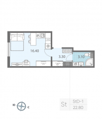 ЖК «ЛСР. Ржевский парк», планировка студии, 22.80 м²