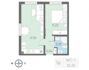 ЖК «Морская миля», планировка 1-комнатной квартиры, 35.25 м²