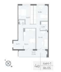 ЖК «Neva Residence», планировка 3-комнатной квартиры, 87.10 м²