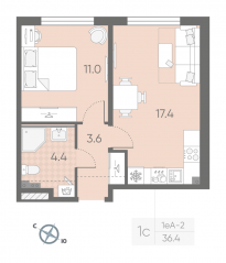 МЖК «Пулково Lake», планировка 1-комнатной квартиры, 36.40 м²