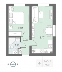 ЖК «Морская миля», планировка 1-комнатной квартиры, 35.83 м²