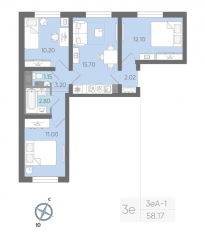 ЖК «Ручьи», планировка 3-комнатной квартиры, 57.90 м²