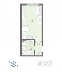 МЖК «Пулково Lake», планировка студии, 25.00 м²