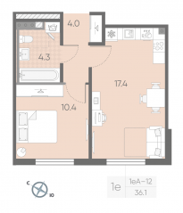 МЖК «Пулково Lake», планировка 1-комнатной квартиры, 36.10 м²