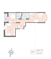 ЖК «Цивилизация на Неве», планировка 2-комнатной квартиры, 66.79 м²