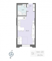 ЖК «Цивилизация на Неве», планировка студии, 26.04 м²