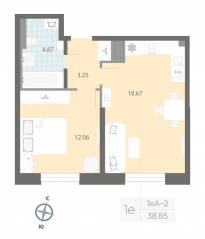 ЖК «Цивилизация на Неве», планировка 1-комнатной квартиры, 38.85 м²