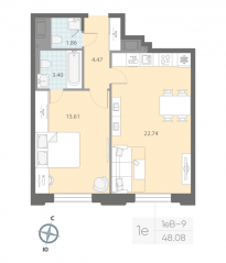 ЖК «Цивилизация на Неве», планировка 1-комнатной квартиры, 48.08 м²