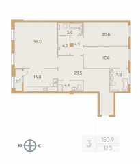 ЖК «Neva Haus», планировка 3-комнатной квартиры, 149.60 м²