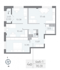 ЖК «Neva Residence», планировка 3-комнатной квартиры, 72.30 м²
