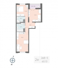 ЖК «Цивилизация на Неве», планировка 2-комнатной квартиры, 60.13 м²