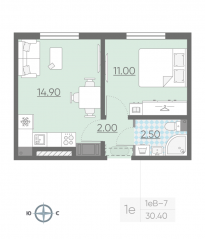 ЖК «ЛСР. Ржевский парк», планировка 1-комнатной квартиры, 30.40 м²