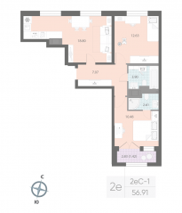 ЖК «Цивилизация на Неве», планировка 2-комнатной квартиры, 56.91 м²