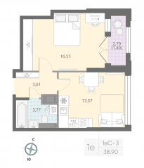 ЖК «Цивилизация на Неве», планировка 1-комнатной квартиры, 38.90 м²