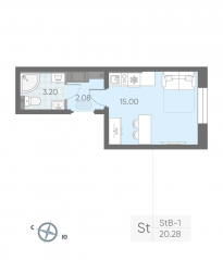 ЖК «Ручьи», планировка студии, 19.90 м²