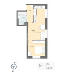ЖК «Цивилизация на Неве», планировка 1-комнатной квартиры, 38.38 м²