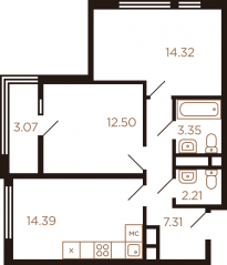 ЖК Миниполис «Рафинад», планировка 2-комнатной квартиры, 54.00 м²